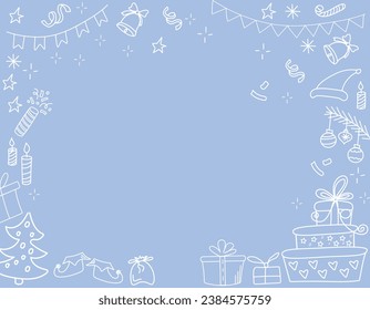 Cute Christmas blue background with different doodle party decoration. Stars, snowflakes, balls, candles, serpentine.