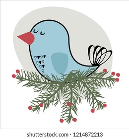 Cute Christmas blue bird. Holly branch with red berries on white background.