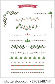 Cute Christmas border lines with trees, holly, lights, berries, and simple decorative patterns for holiday designs.