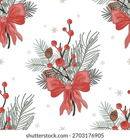 Nettes Weihnachtsstrauss nahtloses Muster. Kiefernzweige und Holly Beeren mit roter Schleife im Cartoon-Stil. Hintergrund der Wintersaison. Vektorgrafik
