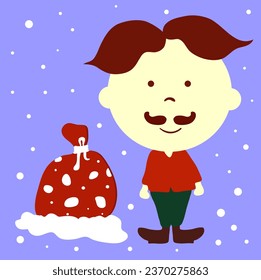 cute christmas boy with santa claus bag vector illustration