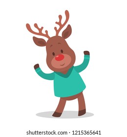 Cute christmas brown reindeer. Animal with red nose and green sweater. Winter holiday celebration. Isolated flat vector illustration