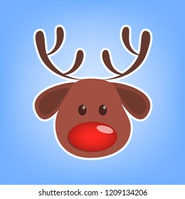 Cute christmas brown reindeer head. Animal with big red nose. Winter holiday celebration. Isolated flat vector illustration