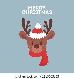 Cute christmas brown reindeer head. Animal with red scarf and Santa hat. Winter holiday celebration. Isolated flat vector illustration