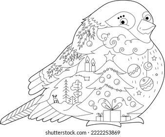 Cute Christmas bullfinch. Winter holiday decoration. Black and white elements. Traditional festive decor for season design. Hand drawn illustration for children and adults, coloring books and tattoo.