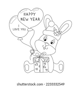 Cute Christmas bunny with balloons and gift. Hand-drawn illustration for coloring book. Vector illustration of black and white sketch.