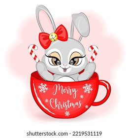 Cute Christmas bunny in a cup, vector illustration