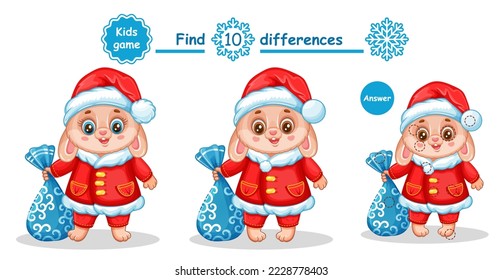 Cute Christmas bunny find 10 differences education children game. Compare New Year rabbits in Santa costume. Search match. Hare animal with holiday bag presents. Kids puzzle, logical exercise. Vector