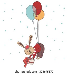 Cute Christmas Bunny flying on the color balloons. Greeting card. Vector doodle color illustration.