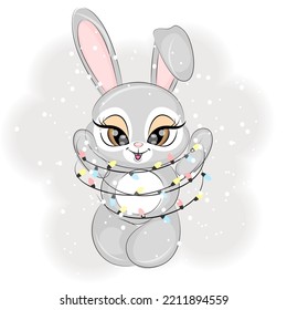 Cute Christmas bunny with garland, vector illustration