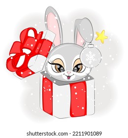 Cute Christmas bunny in a gift box, vector illustration