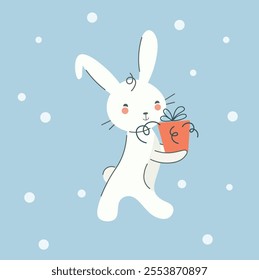 Cute Christmas bunny giving a gift. Funny character for design, print, cards, posters. Flat cartoon vector holiday illustration.