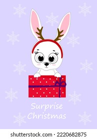 Cute christmas bunny hoop with deer horns.Bunny in the present box. Design element for greeting cards, holiday banner, decor.Winter vector illustration.