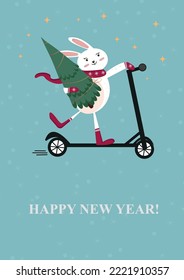 Cute Christmas Bunny on scooter. New years greeting card in 2023.