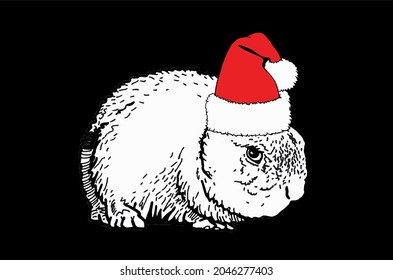 Cute Christmas bunny in Santa Claus red hat on black background, new year card,zoology 