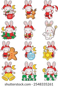 Cute Christmas Bunny stock illustration. Funny bunny christmas for sticker elements. Bunny in the variation of christmas elements