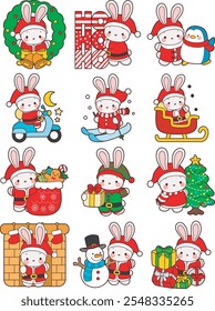 Cute Christmas Bunny stock illustration. Funny bunny christmas for sticker elements. Christmas eve of bunny mascot