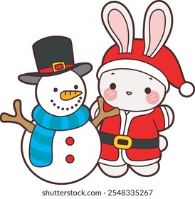 Cute Christmas Bunny stock illustration. Funny bunny christmas for sticker elements. Bunny with snow man