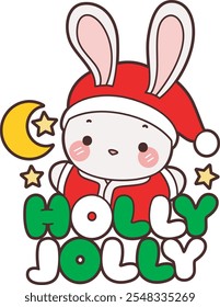 Cute Christmas Bunny stock illustration. Funny bunny christmas for sticker elements. Bunny with holly jolly text