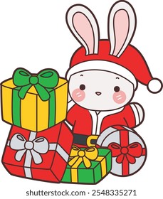 Cute Christmas Bunny stock illustration. Funny bunny christmas for sticker elements. Bunny with a lot of gift