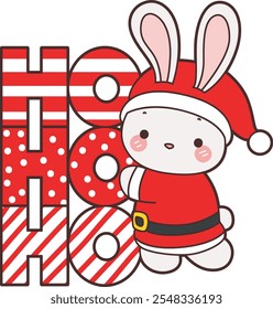 Cute Christmas Bunny stock illustration. Funny bunny christmas for sticker elements. Bunny with ho ho ho text