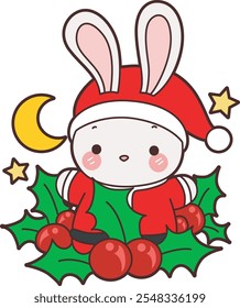 Cute Christmas Bunny stock illustration. Funny bunny christmas for sticker elements. Bunny with cherry and leaves