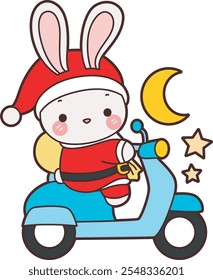 Cute Christmas Bunny stock illustration. Funny bunny christmas for sticker elements. Bunny riding a motorcycle