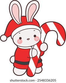 Cute Christmas Bunny stock illustration. Funny bunny christmas for sticker elements. Bunny hugging a stick of christmas