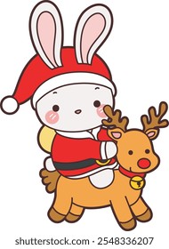 Cute Christmas Bunny stock illustration. Funny bunny christmas for sticker elements. Bunny riding a reindeer