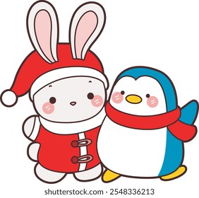 Cute Christmas Bunny stock illustration. Funny bunny christmas for sticker elements. Bunny with penguin in the snow