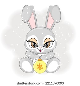 Cute Christmas bunny with a Christmas tree ball symbol of the new year, vector illustration