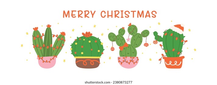 Cute Christmas Cactus Cartoon banner, Festive Western retro hand-drawn style flat design, perfect for adding a touch of vintage whimsy to your Christmas projects.