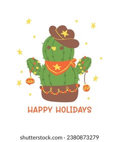 Cute Christmas cactus cartoon. Cowboy snowman etro hand-drawn style and festive flat design perfect for adding a touch of vintage whimsy to your Christmas projects.