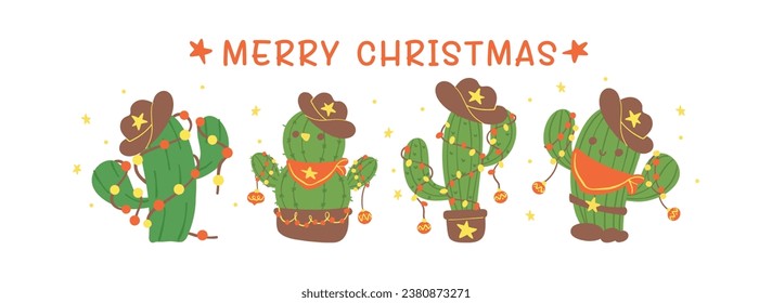 Cute Christmas Cactus with Cowboy Hat Cartoon banner, Festive Western retro hand-drawn style flat design, perfect for adding a touch of vintage whimsy to your Christmas projects.