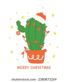 Cute Christmas Cactus with Santa Hat Cartoon. Festive retro hand-drawn style flat design, perfect for adding a touch of vintage whimsy to your Christmas projects.