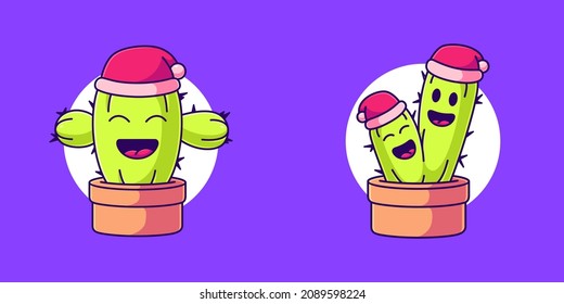 Cute christmas cactus vector illustration. cactus with santa hat cartoon flat design