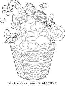 Cute Christmas cake. Winter holiday muffin. Black and white elements. Traditional festive decor for season design. Hand drawn illustration in zentangle style for children and adults, tattoo.