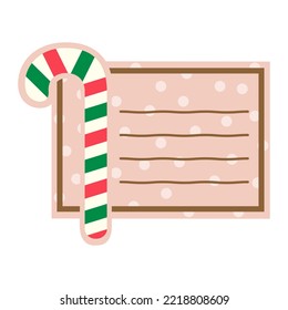 Cute Christmas candy cane with note paper. memo note template for text. Isolated on white background, flat design, EPS10 Vector