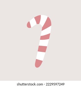 Cute Christmas candy cane - vector icon in pink color. Striped candy isolated on grey background. Minimalist Scandinavian design