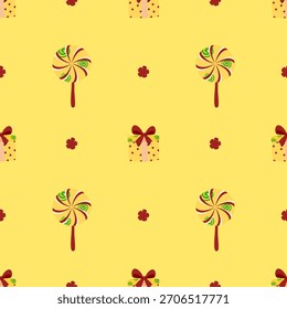 Cute Christmas Candy and Gift Seamless Pattern on Yellow Background