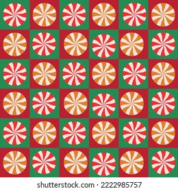 Cute Christmas candy on red and green checkerboards seamless pattern. For wrapping paper, greeting cards and Christmas posters