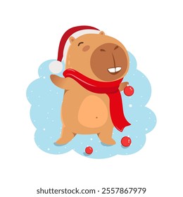 Cute Christmas capybara with Christmas balls  and Santa hat