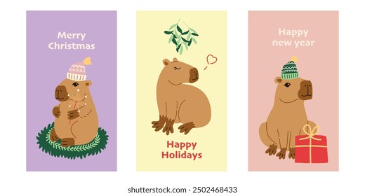 Cute Christmas capybara exotic animal vector illustration banner. South America mammal postcard or poster. Cartoon flat New Year vector template