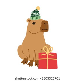 Cute Christmas capybara exotic animal vector illustration banner. South America mammal postcard or poster. Cartoon flat New Year vector template