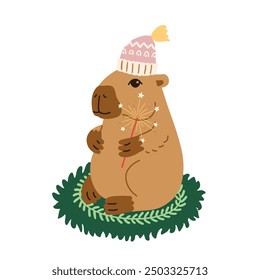 Cute Christmas capybara exotic animal vector illustration banner. South America mammal postcard or poster. Cartoon flat New Year vector template