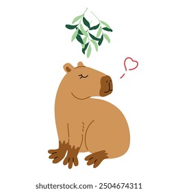 Cute Christmas capybara exotic animal vector illustration banner. South America mammal postcard or poster. Cartoon flat New Year vector template