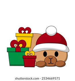 Cute Christmas Capybara with gift box in color