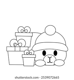 Cute Christmas Capybara with gift box in black and white