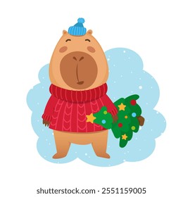 Cute Christmas capybara in red sweater with Christmas tree. Christmas kawaii cartoon characters