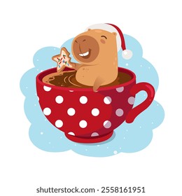 Cute Christmas capybara with in Santa hat bathes in the cup of cocoa with Christmas cookie